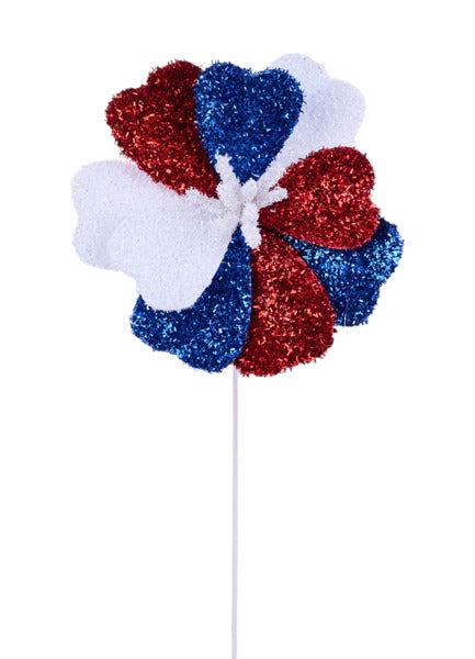 7.75"DIA V-CUT FOIL FLOWER STEM, 17"OAL RED/WHITE/BLUE - Burlap and Bling Decor