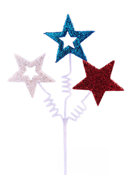 11.5"L GLITTER STAR PICK W/CURLY WIRE RED/WHITE/BLUE - Burlap and Bling Decor