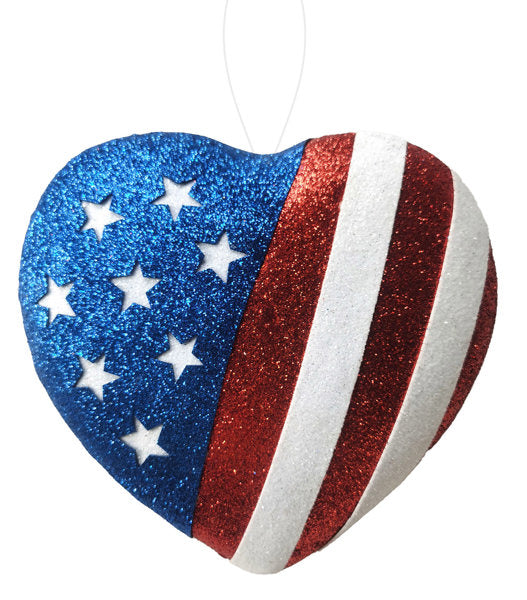 8"H X 7.5"W GLITTER HEART ORNAMENT RED/WHITE/BLUE