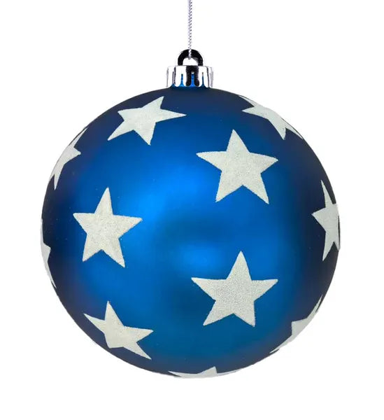 150MM GLITTER STARS SMOOTH BALL ORN ROYAL BLUE/WHITE - Burlap and Bling Decor