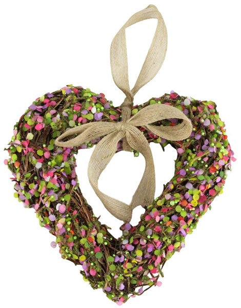 8.25"H X 8.25"L RATTAN HEART W/BOW GREEN/PINK/BROWN - Burlap and Bling Decor