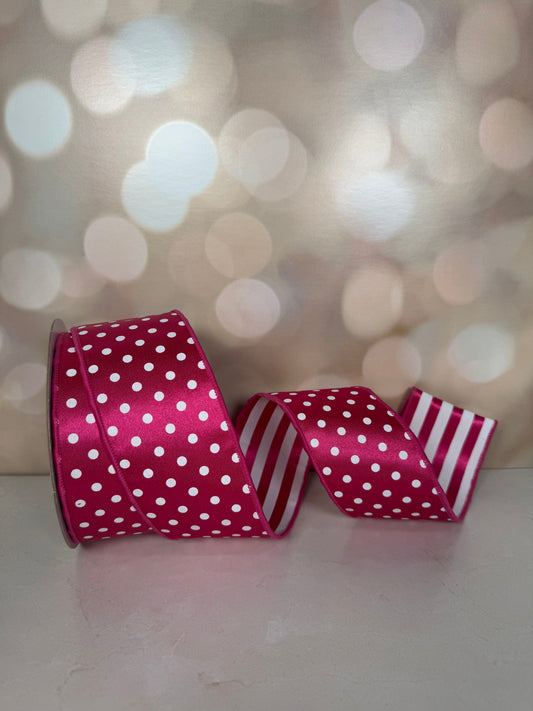 2.5"X10YD HOT PINK POLKA DOT/WHITE STRIPE/BACK - Burlap and Bling Decor