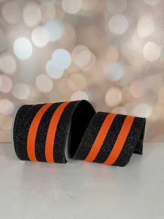 4"X10YD VERT GLITTER STRIPE/FUSED ORANGE/BLACK