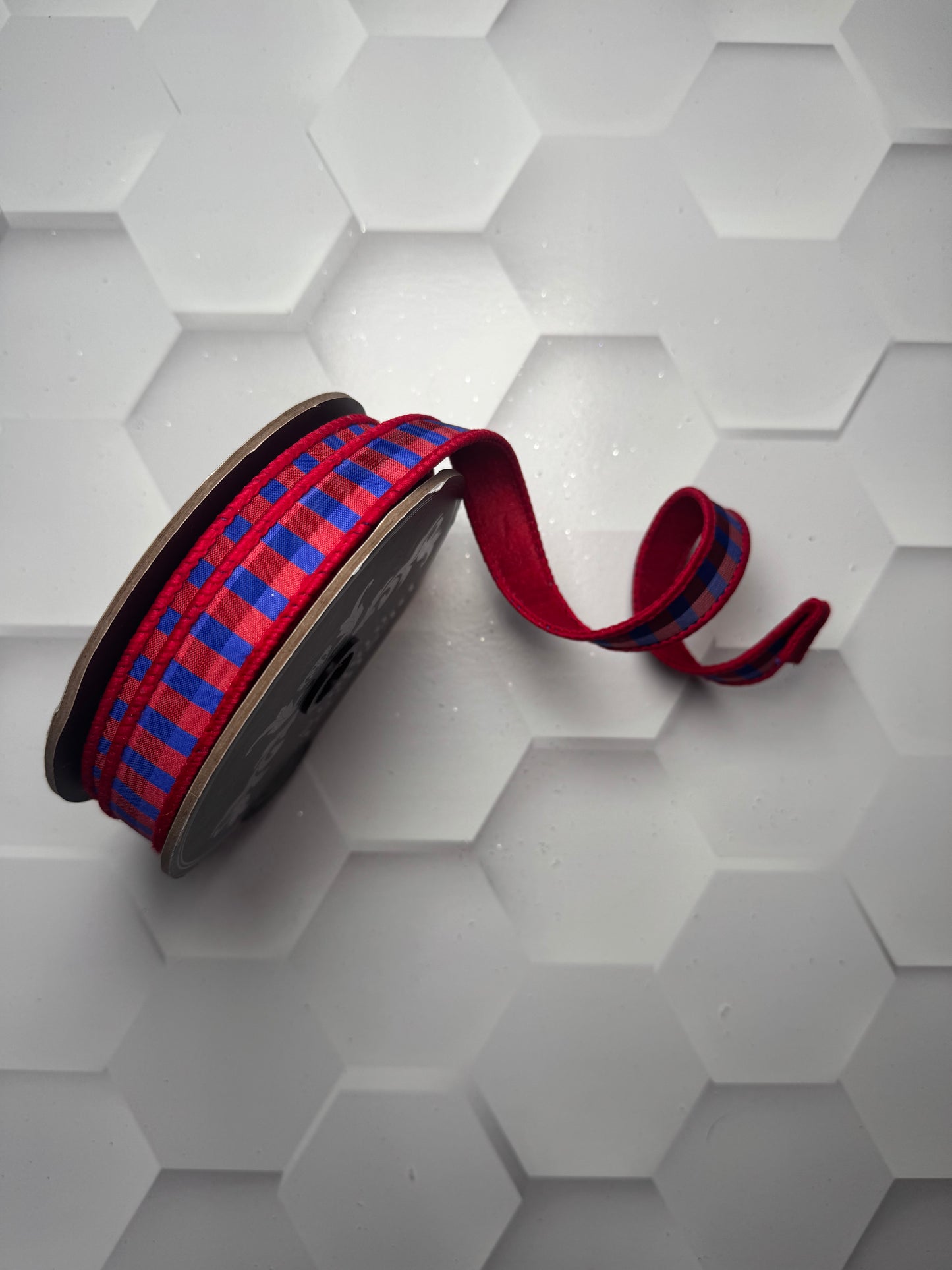 7/8" X 10 YDs RED AND BLUE CHECK DELUXE RED DUPIONI BACKED WIRED EDGE