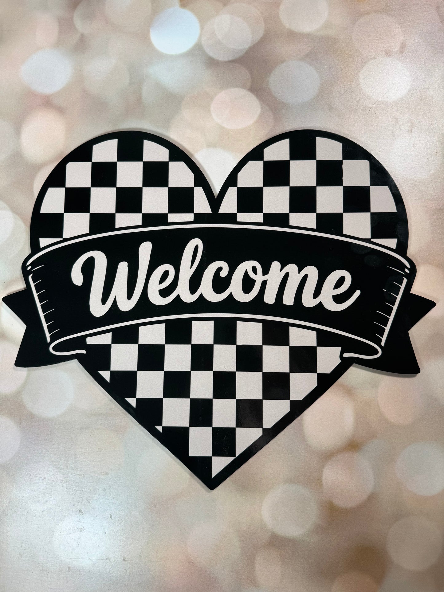 16" Welcome Black/White Check Heart Sign - Burlap and Bling Decor