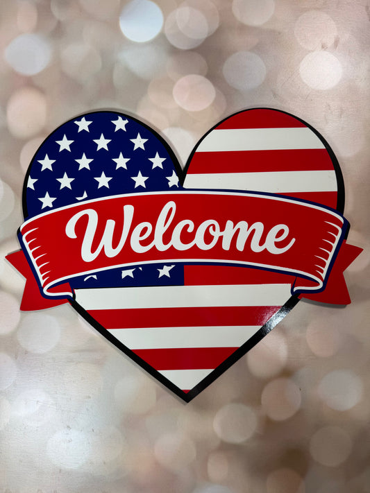 16" Patriotic Welcome Heart Sign - Burlap and Bling Decor