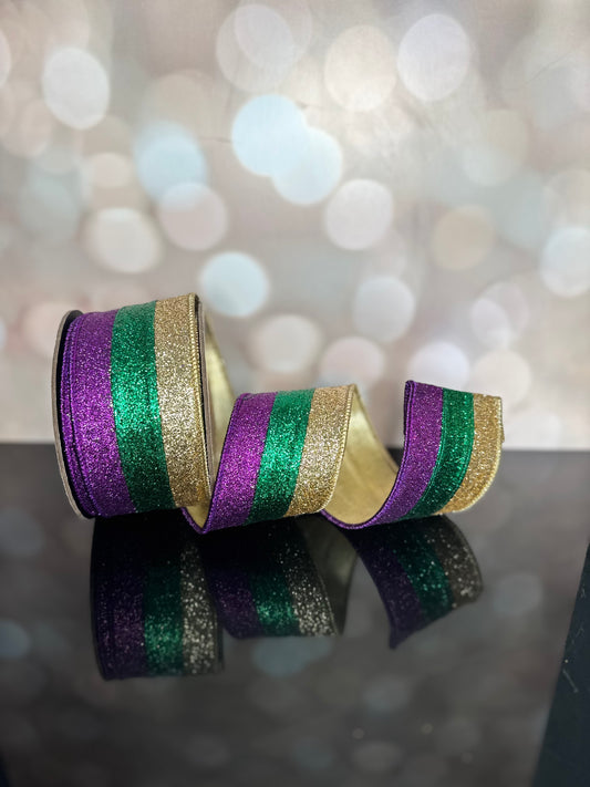 2.5“ X 10YDS GLITTER TRI COLOR STRIPES, PURPLE GREEN GOLD WIRED RIBBON - Burlap and Bling Decor