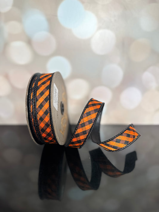 1“ X 10YDS HALLOWEEN CHECK BIAS CUT, ORANGE BLACK WIRED RIBBON - Burlap and Bling Decor