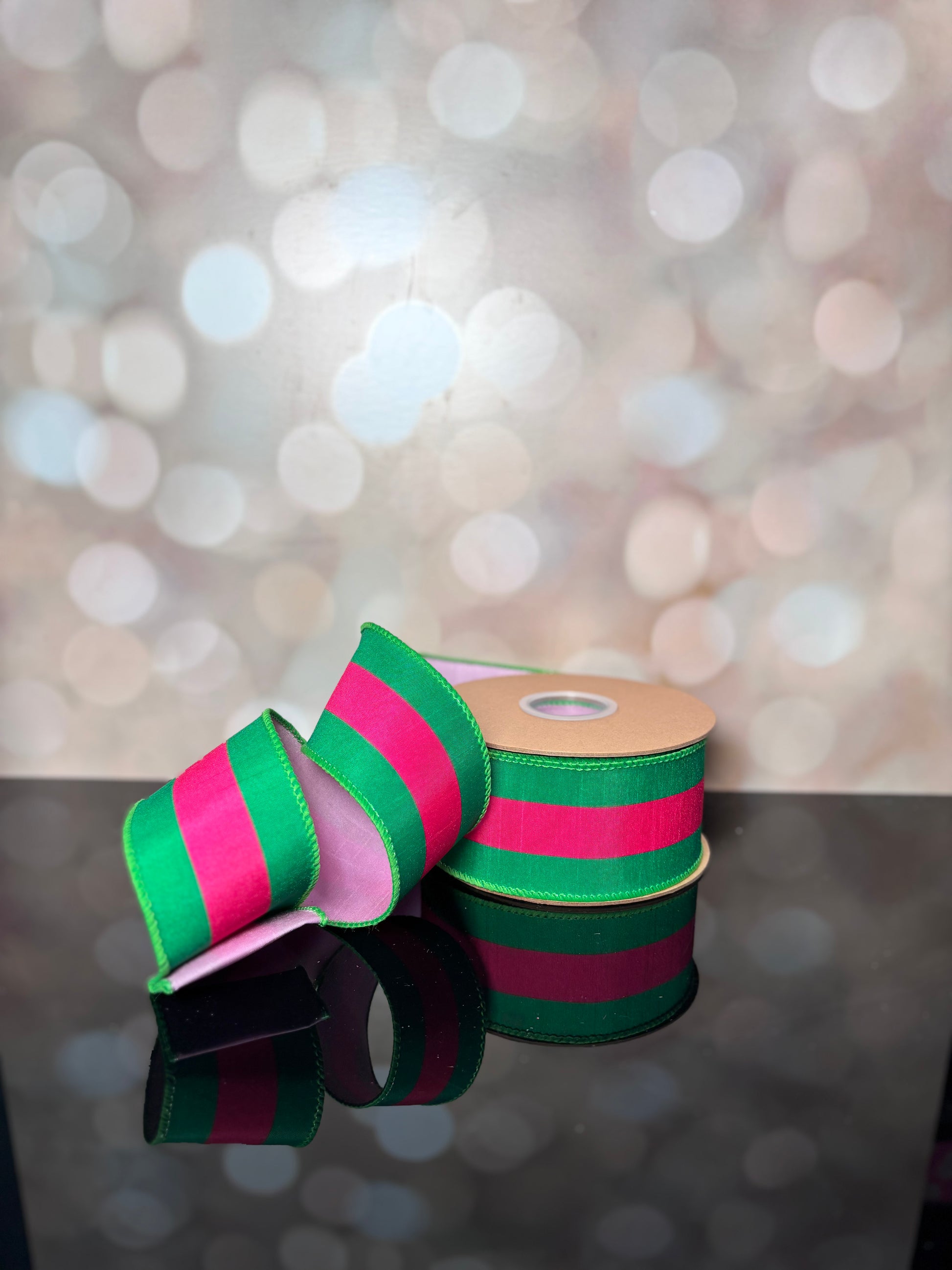 2 1/2" X 10YD Wired Dupioni Ribbon | Hot Pink and Green Stripe with Pink Backing - Burlap and Bling Decor