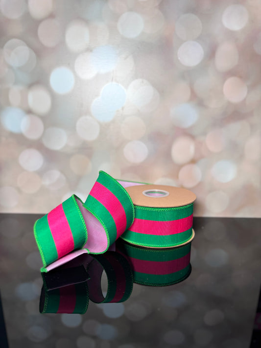 2 1/2" X 10YD Wired Dupioni Ribbon | Hot Pink and Green Stripe with Pink Backing - Burlap and Bling Decor