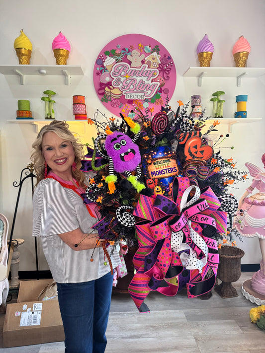 Welcome Little Monster Wreath - Burlap and Bling Decor