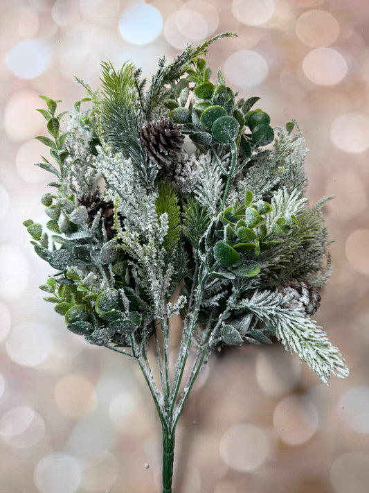 SNOWY MIXED PINE & PINECONE BUSH 19"