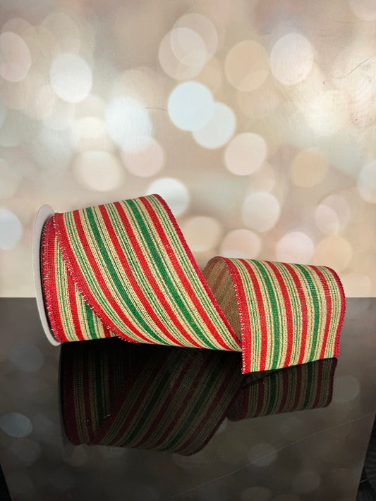 4"X10YD VERTICAL STRIPE/FAUX BURLAP NATURAL/DK RED/EMERALD WIRED RIBBON - Burlap and Bling Decor