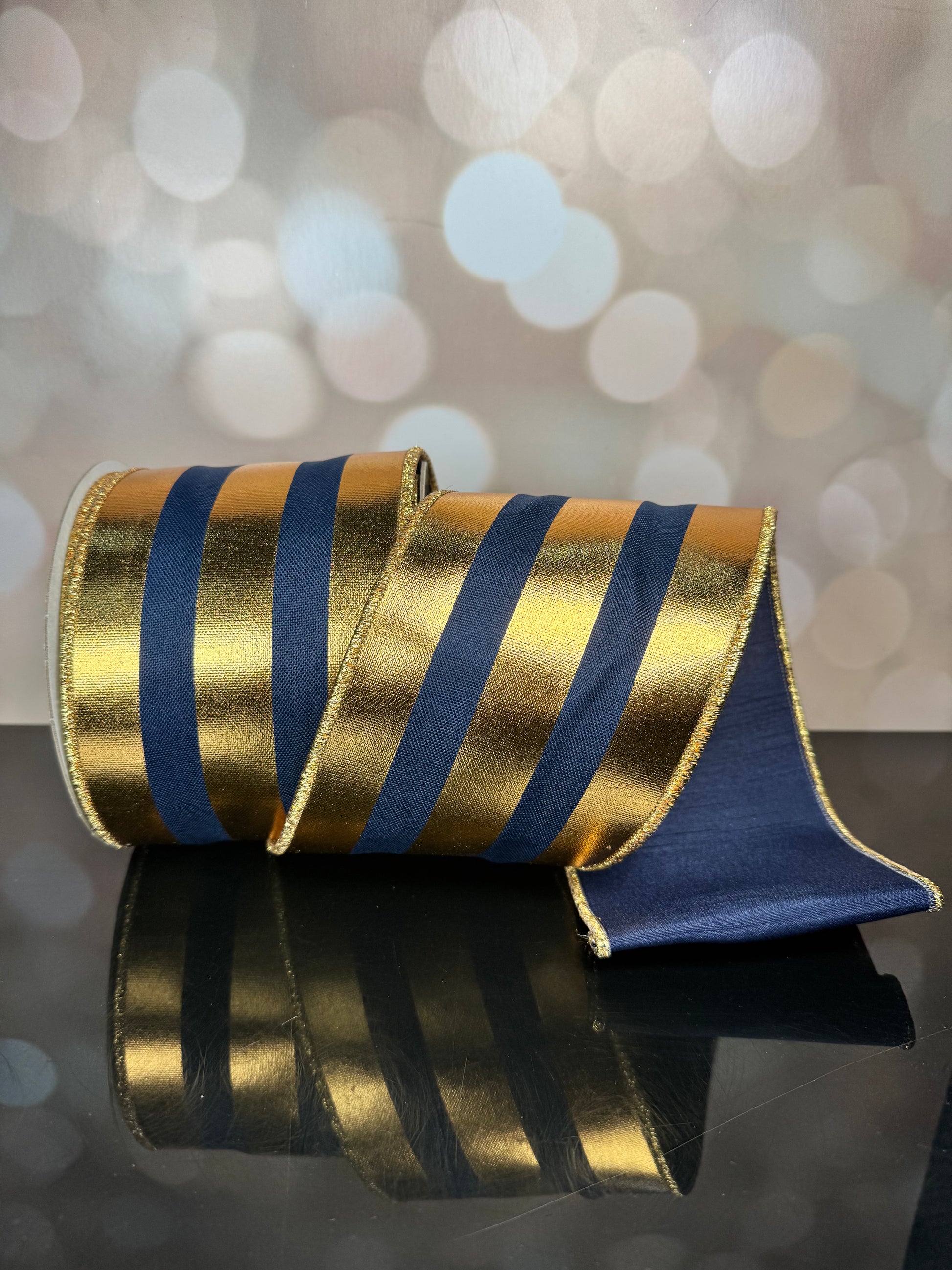 4"X10YD VERT FOIL STRIPE/SEWN NAVY/GOLD WIRED RIBBON - Burlap and Bling Decor