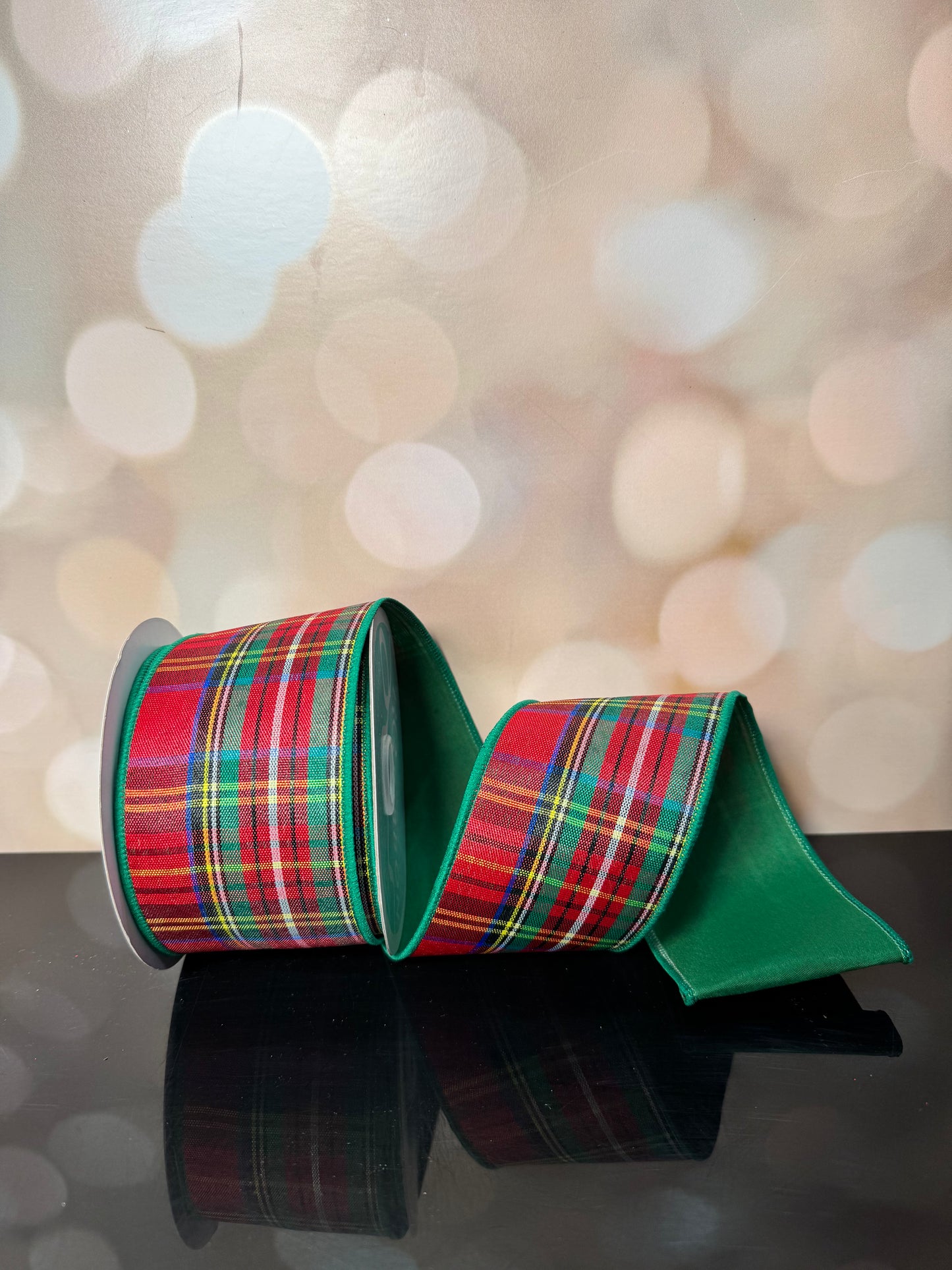 2.5"X10YD WOVEN PLAID FUSED BACK EMRLD/RED/YLW/BLK/BLU WIRED RIBBON - Burlap and Bling Decor