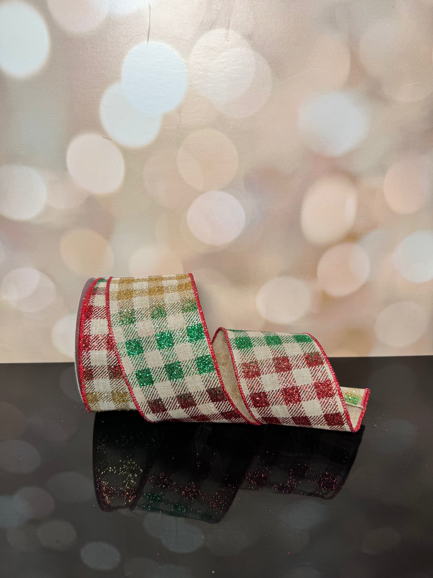 2.5"X10YD GLITTER GINGHAM CHECK/ROYAL PALE TAN/RED/EMRLD/GOLD WIRED RIBBON - Burlap and Bling Decor