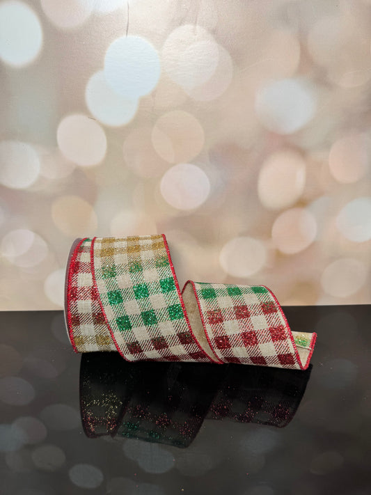 2.5"X10YD GLITTER GINGHAM CHECK/ROYAL PALE TAN/RED/EMRLD/GOLD WIRED RIBBON - Burlap and Bling Decor