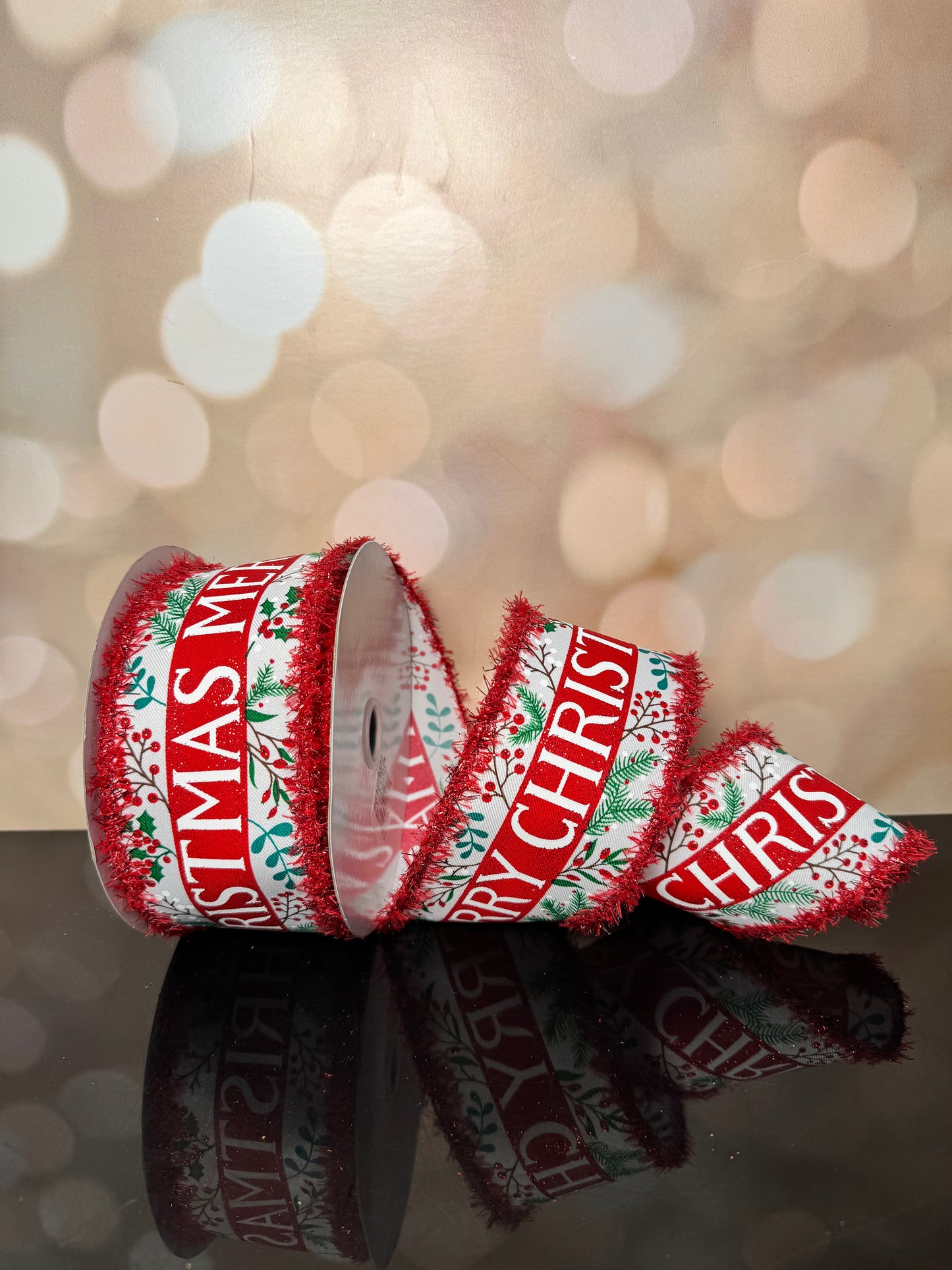 2.5"X10YD MERRY CHRISTMAS/DIAGONAL/DRIFT WHITE/RED/GREEN/BROWN WIRED RIBBON - Burlap and Bling Decor