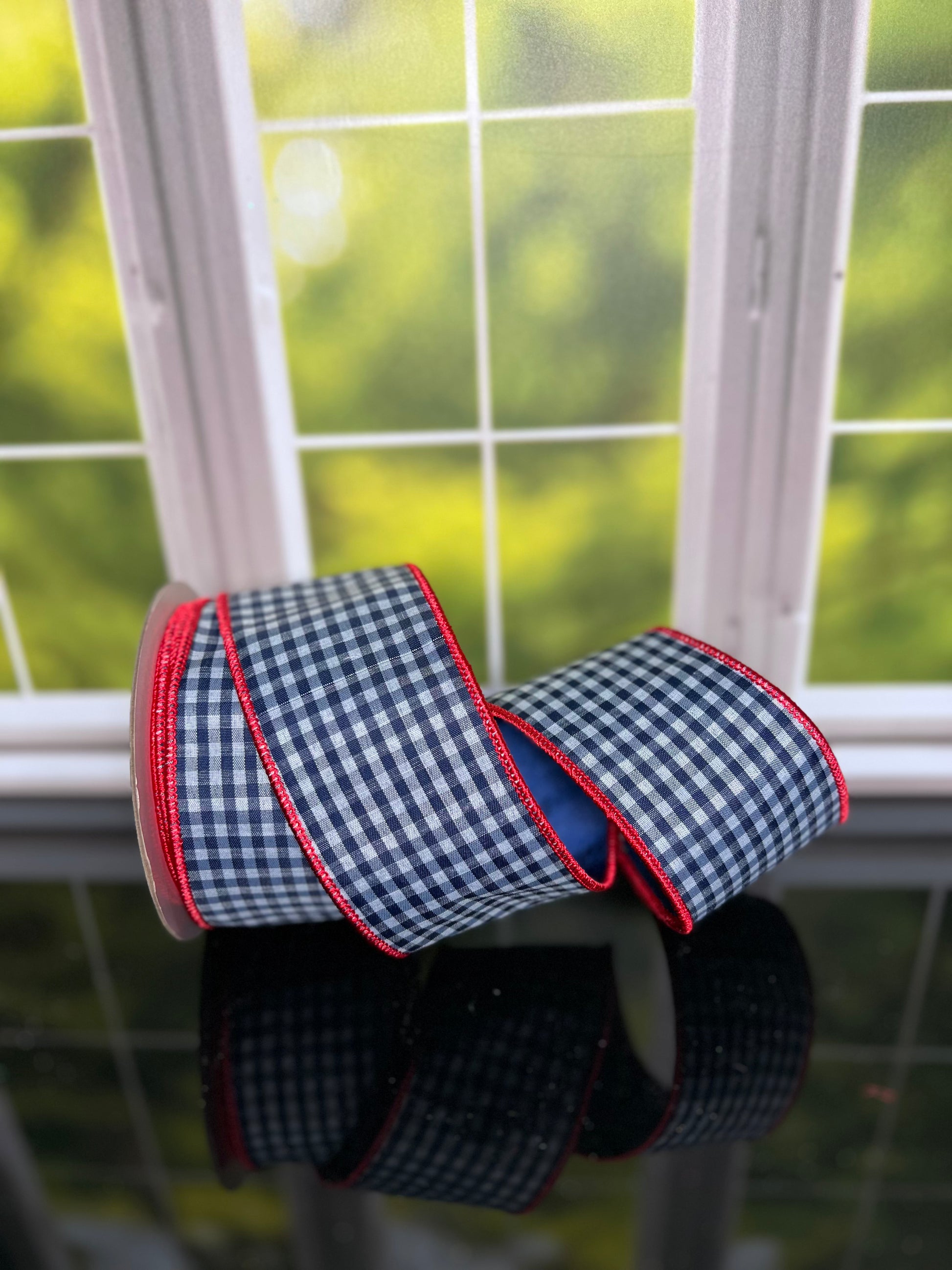 2.5"x 10Yrds Blue Check with Red Piping Double Sided Wired Ribbon - Burlap and Bling Decor