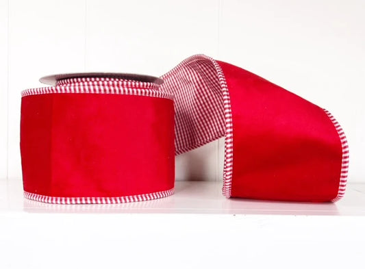 4" x 5YD Red Mini-Check Velvet Ribbon Double-Sided