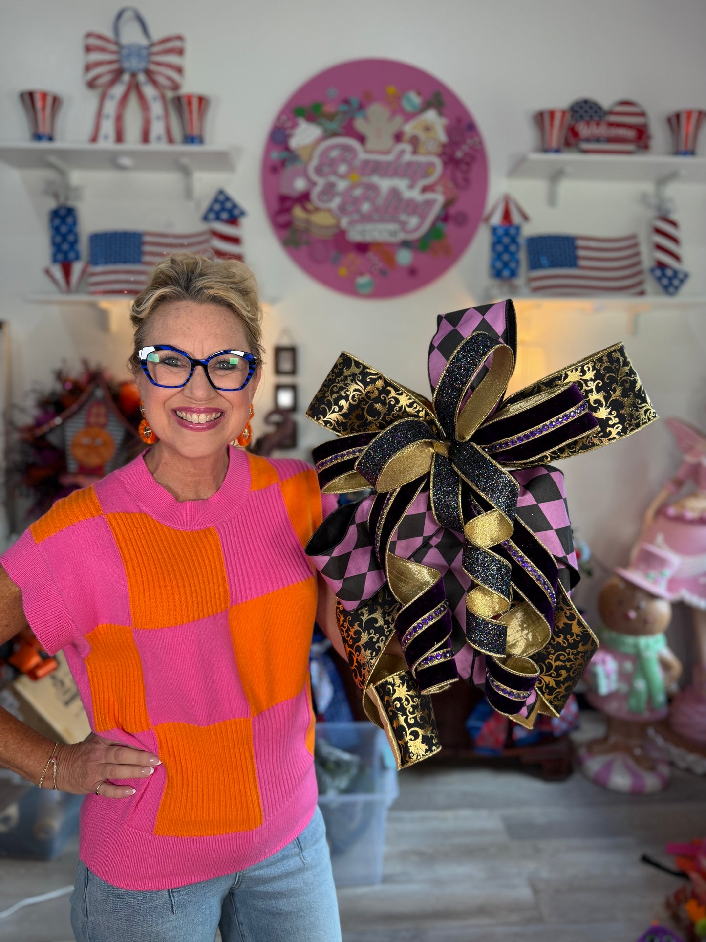 Pink Black Gold Stripe Bow