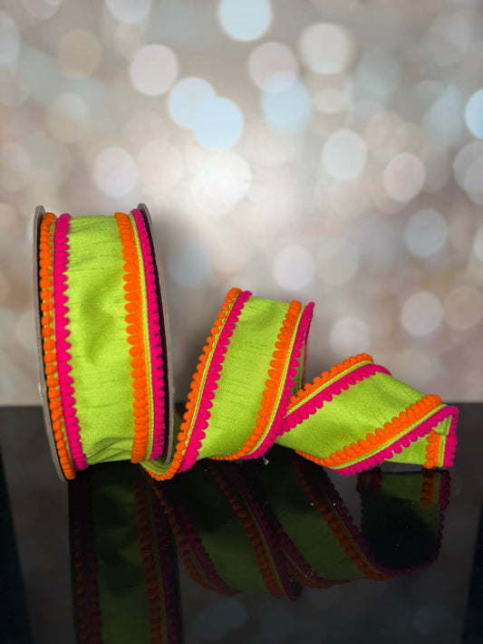 3" x 10yds dupion hot pink orange pom pom trim, lime