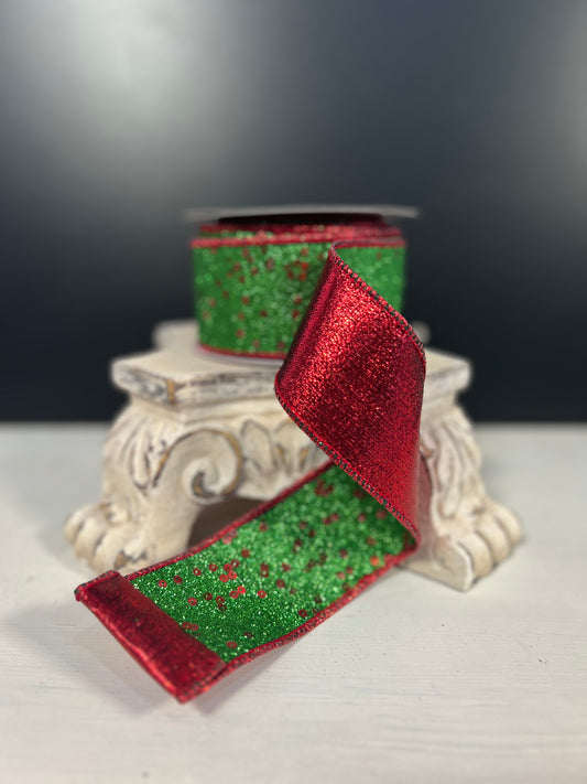 2.5"X10YD Green full glitter with red sequin printed on green sheer with red metallic mesh back