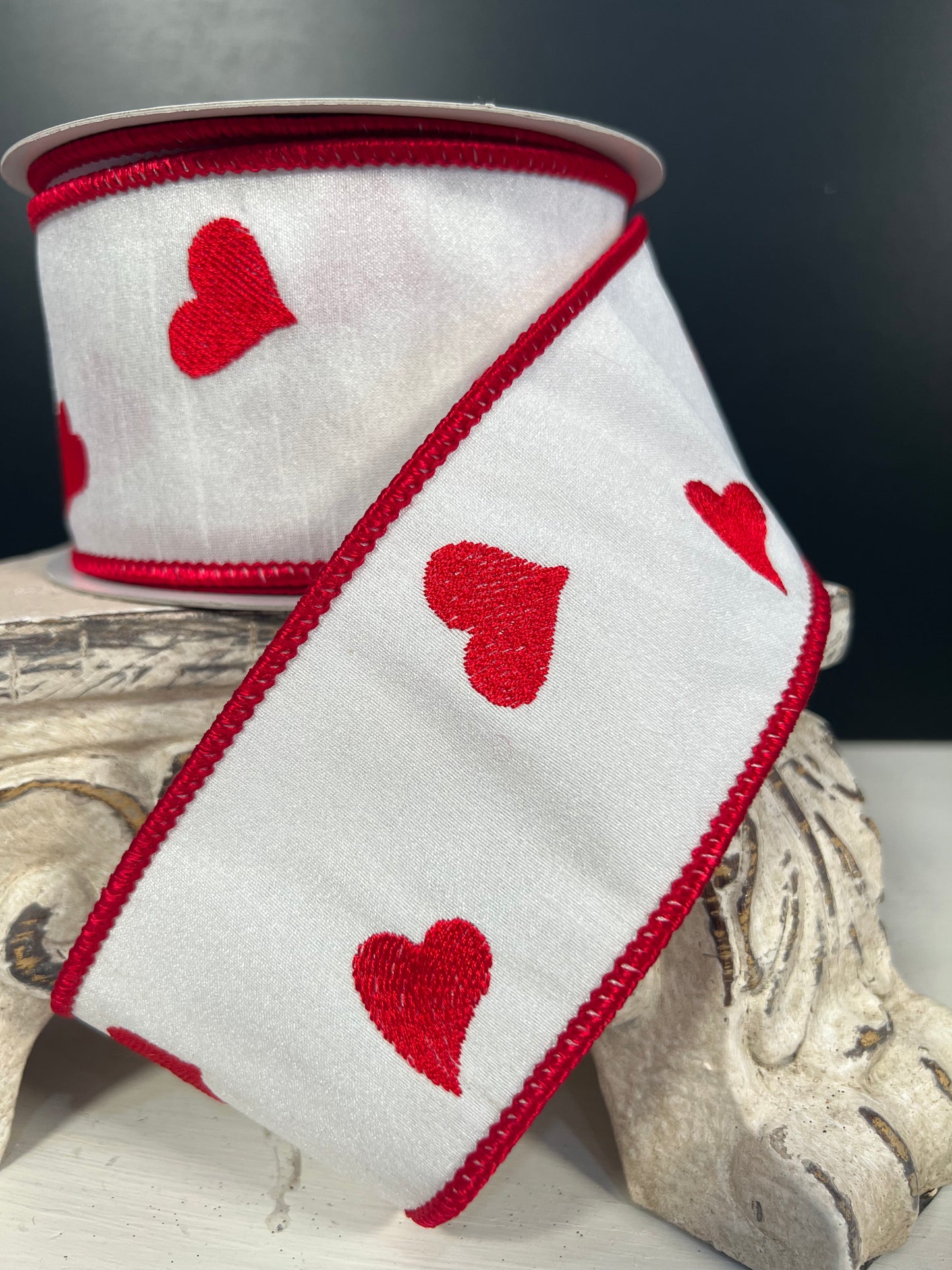 2.5"X10YD Red heart embroidery on white dupioni with white sheer back red edge - Burlap and Bling Decor