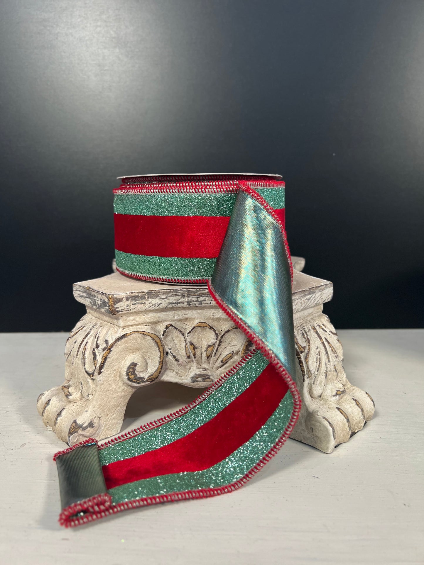 2.5"X10 YD Red Velvet ribbon with Lt Aqua glitter stripe on the edge with rose gold back and Lt. aqu - Burlap and Bling Decor