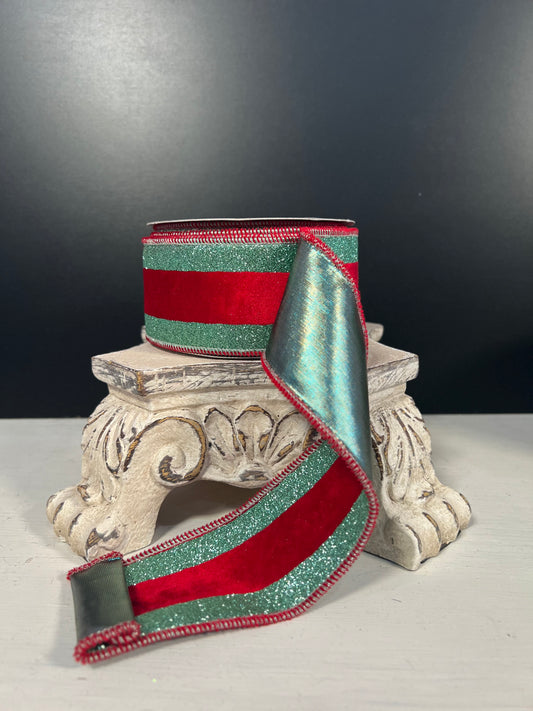 2.5"X10 YD Red Velvet ribbon with Lt Aqua glitter stripe on the edge with rose gold back and Lt. aqu