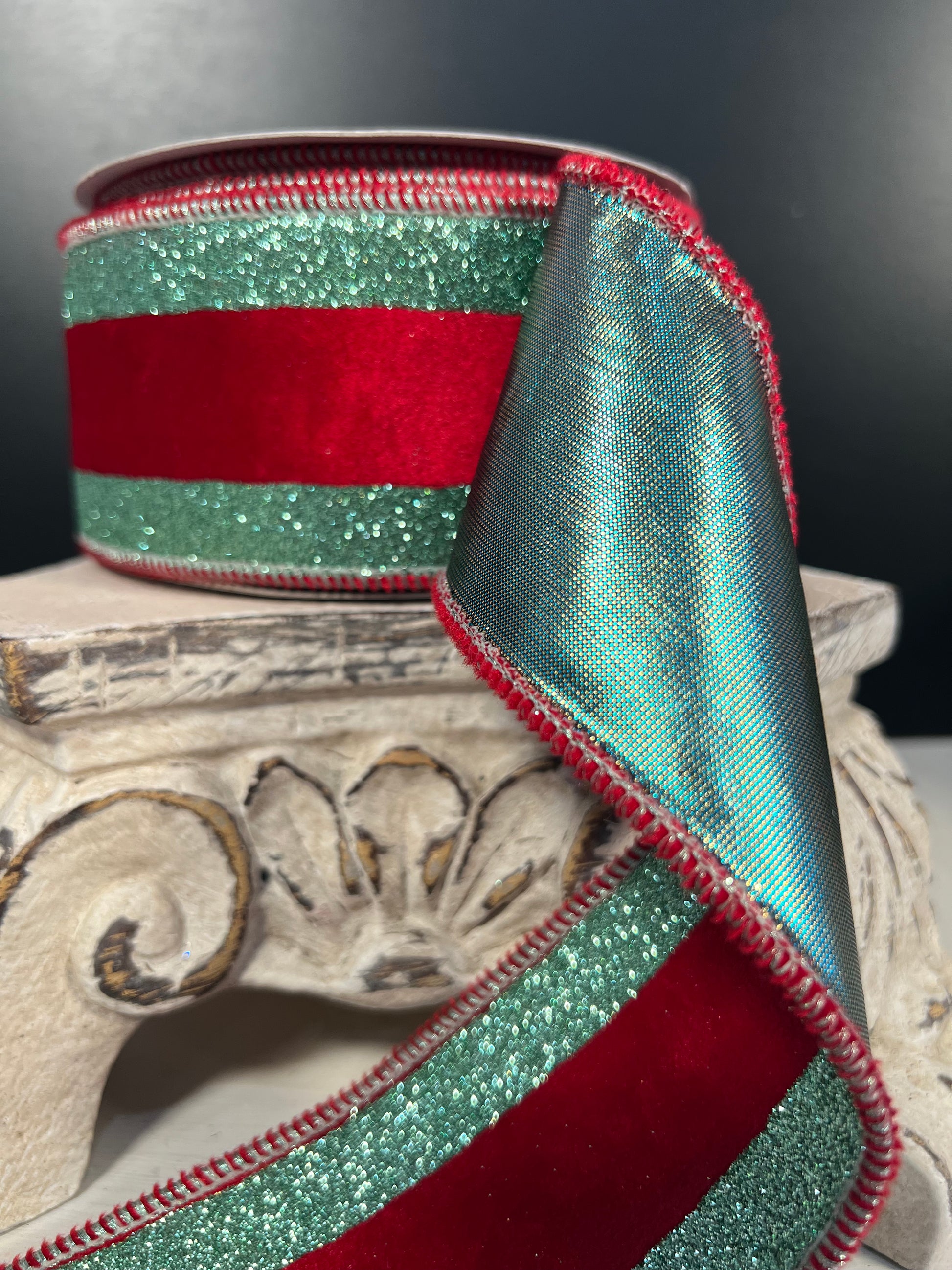 2.5"X10 YD Red Velvet ribbon with Lt Aqua glitter stripe on the edge with rose gold back and Lt. aqu - Burlap and Bling Decor