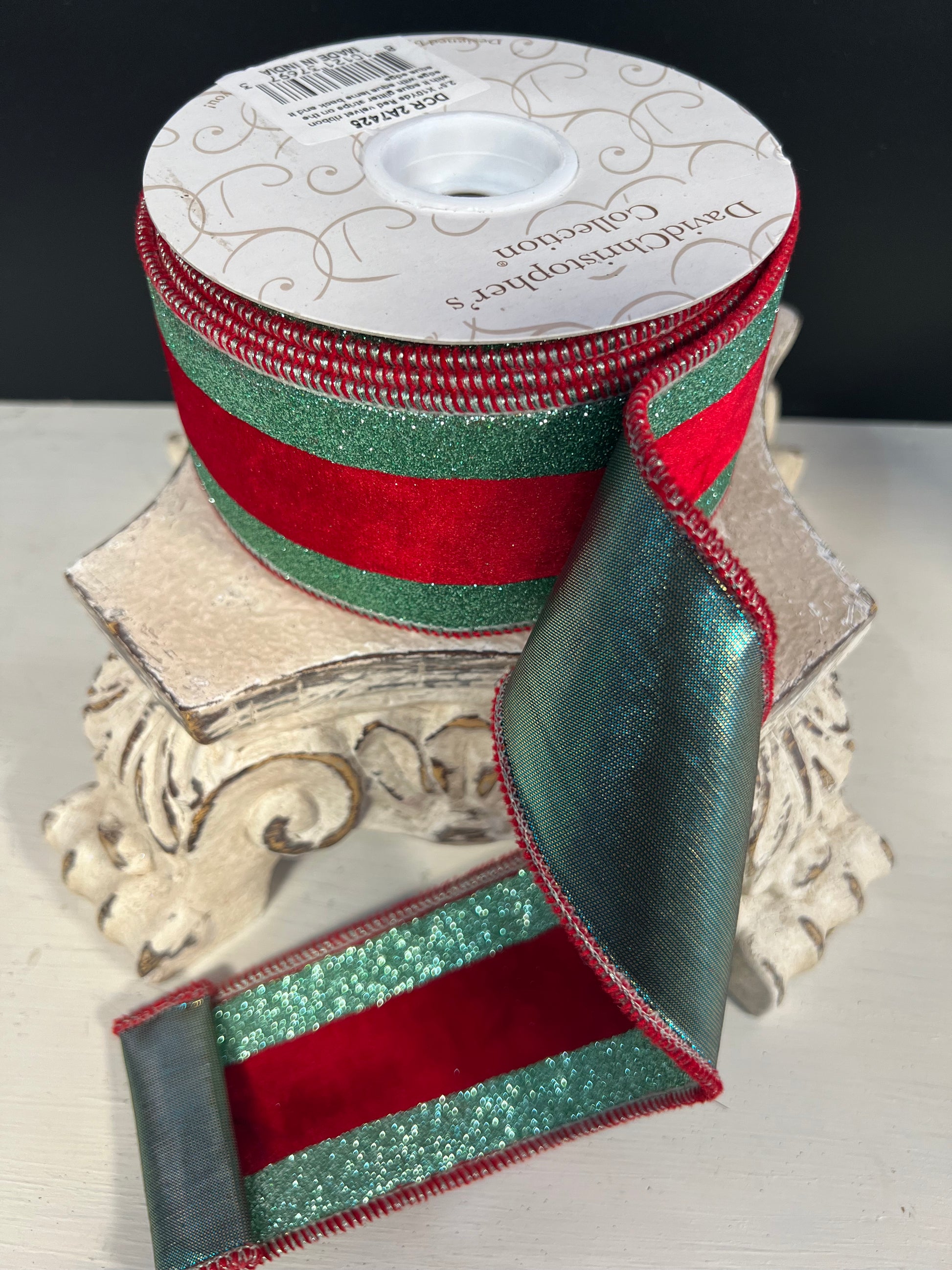 2.5"X10 YD Red Velvet ribbon with Lt Aqua glitter stripe on the edge with rose gold back and Lt. aqu - Burlap and Bling Decor