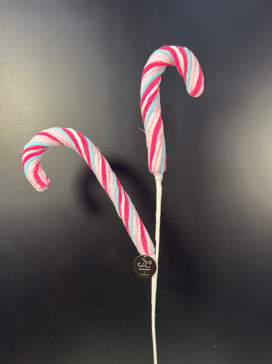 Cutesy Chenille Candy Cane Spray 28" - Pink/Blue/White