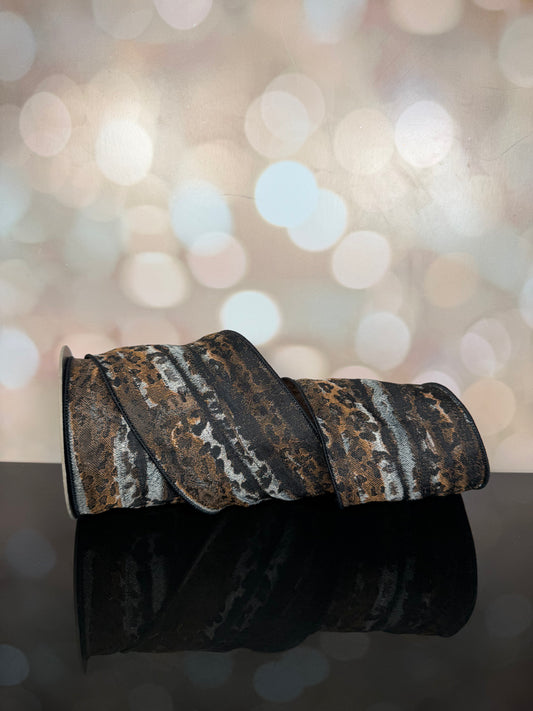 4” x 10yds jacquard animal abstract, brown wired ribbon
