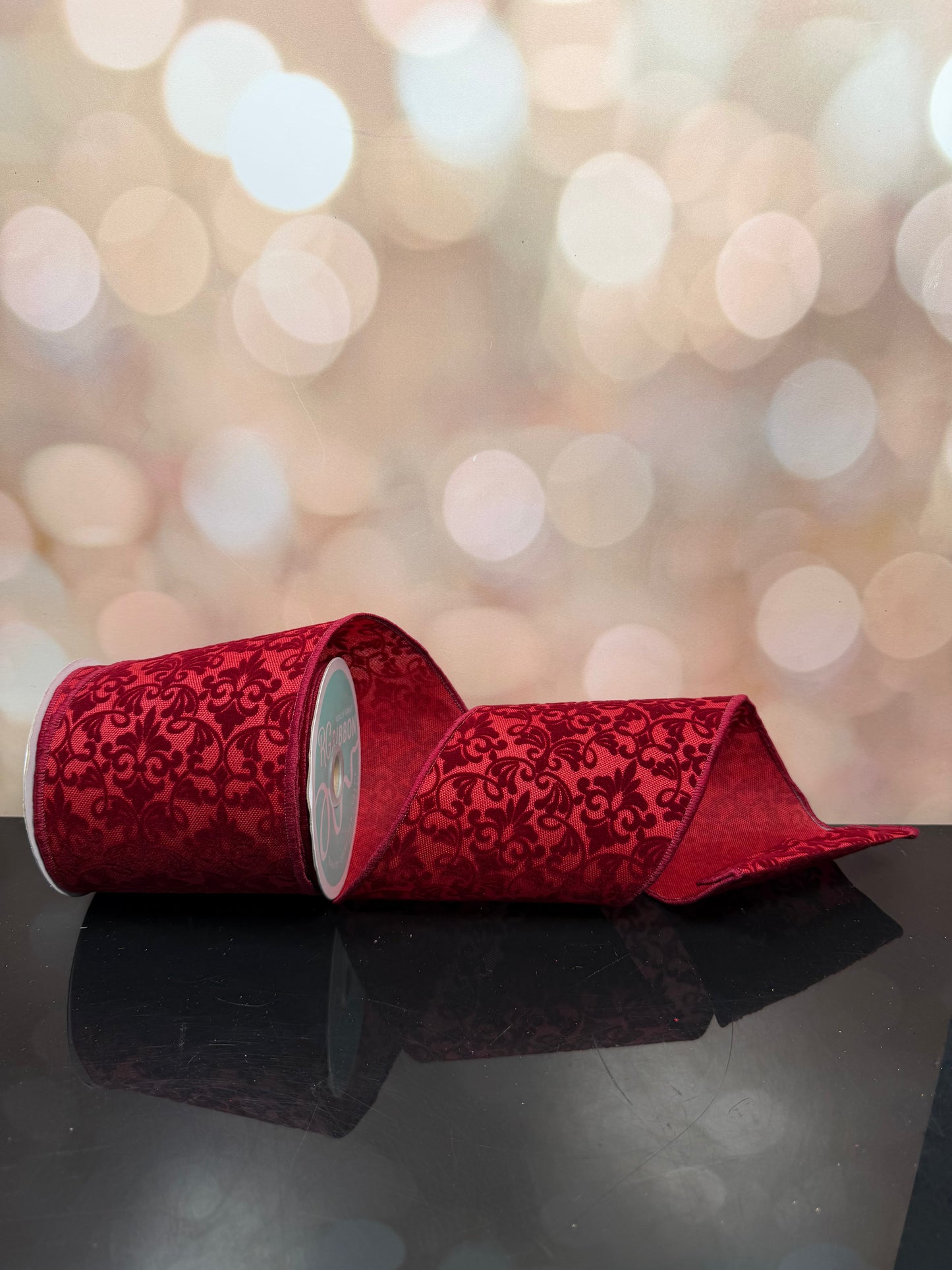 4"X10YD FLOCK DAMASK CRANBERRY/BURGUNDY WIRED RIBBON