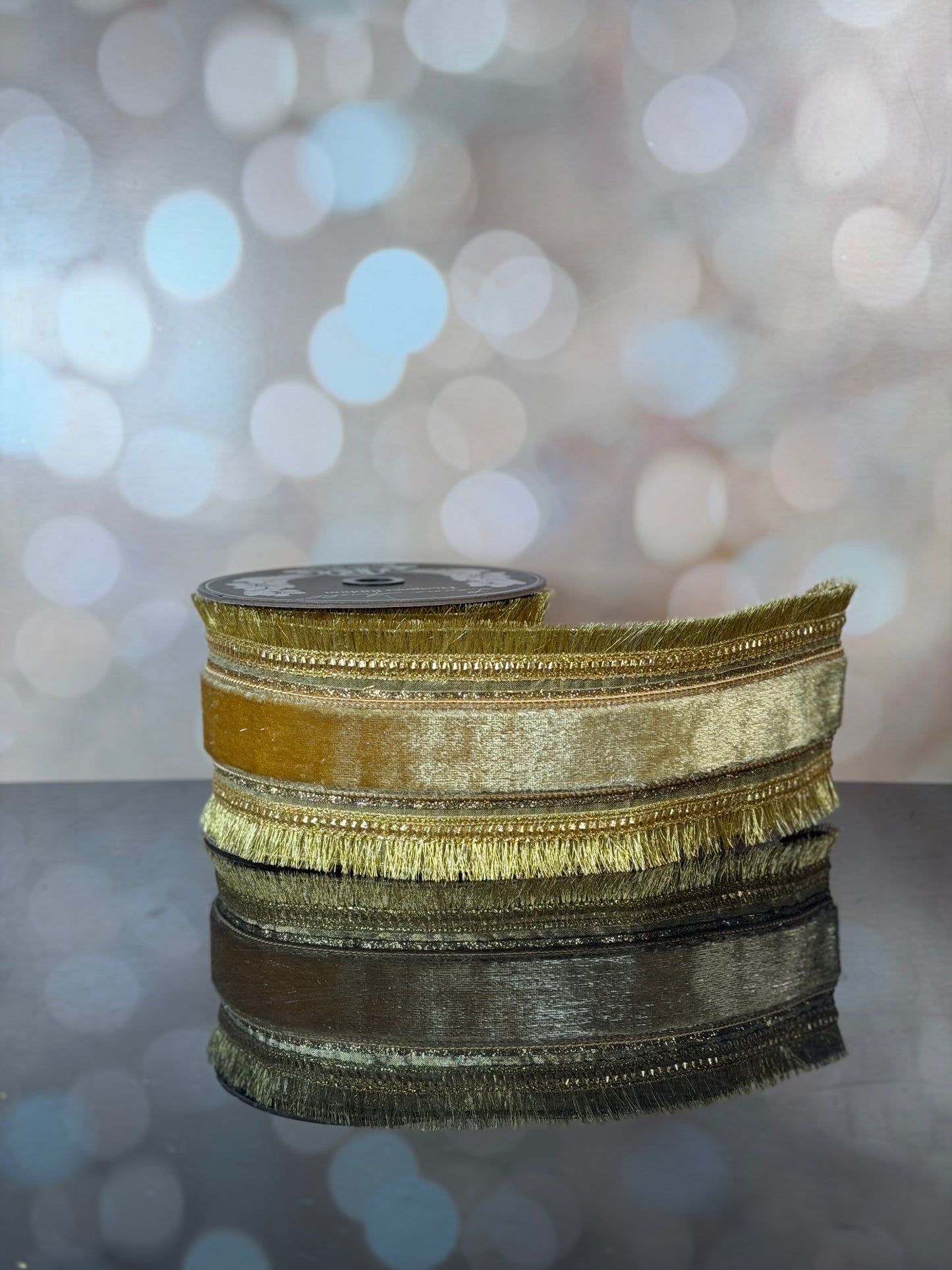 4 x 5 yrds GOLD PLUSH VELVET REGAL W/ FRINGE EDGE WIRED RIBBON