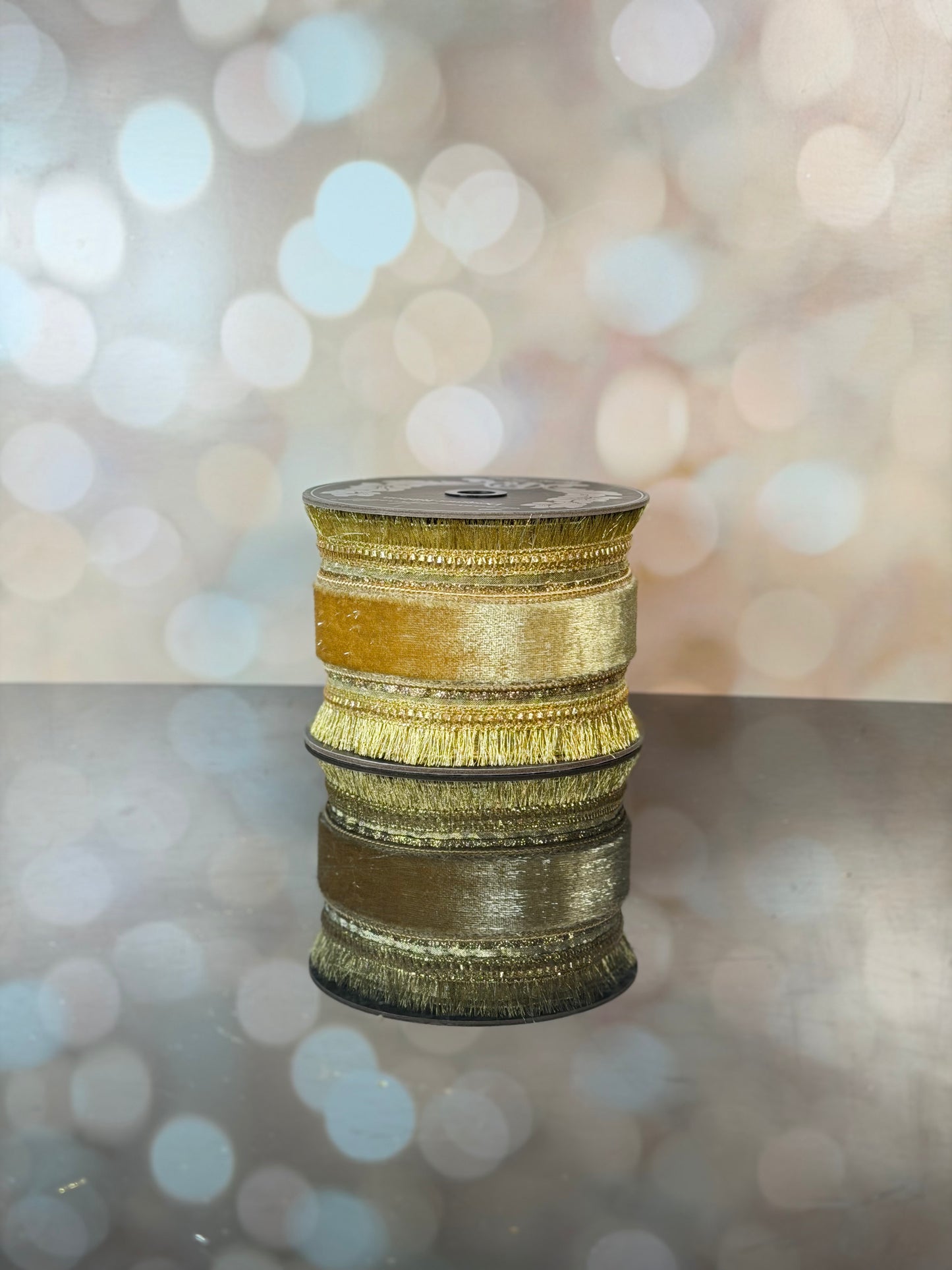 4 x 5 yrds GOLD PLUSH VELVET REGAL W/ FRINGE EDGE WIRED RIBBON