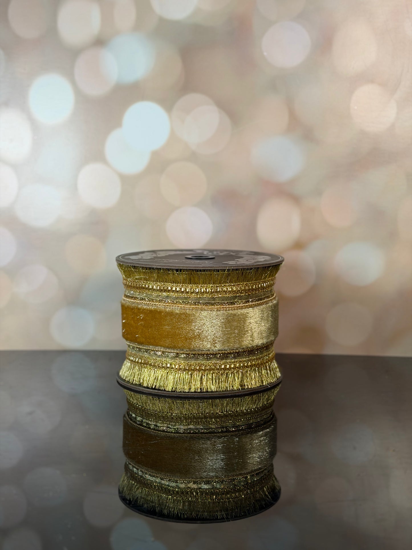 4 x 5 yrds GOLD PLUSH VELVET REGAL W/ FRINGE EDGE WIRED RIBBON
