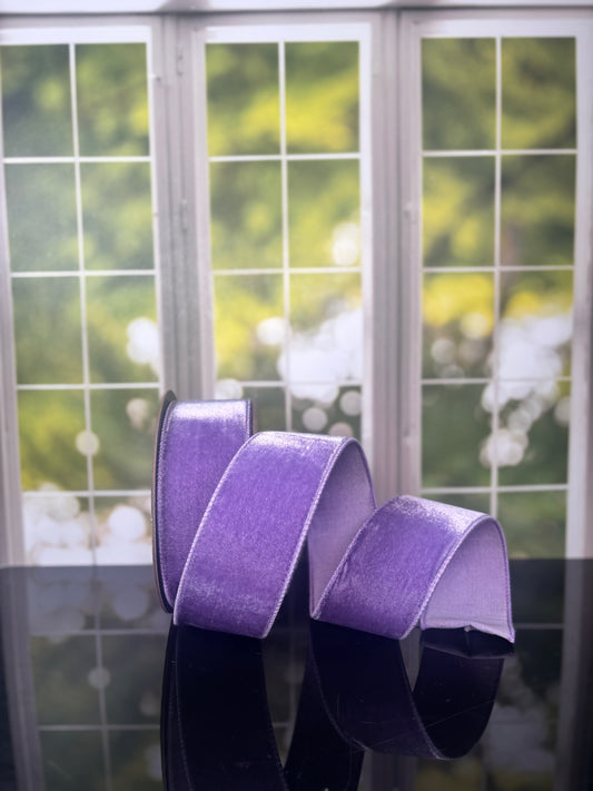 2.5" x 10yd Lavender Velvet Wired Ribbon. Lavender Dupion Backing - Burlap and Bling Decor