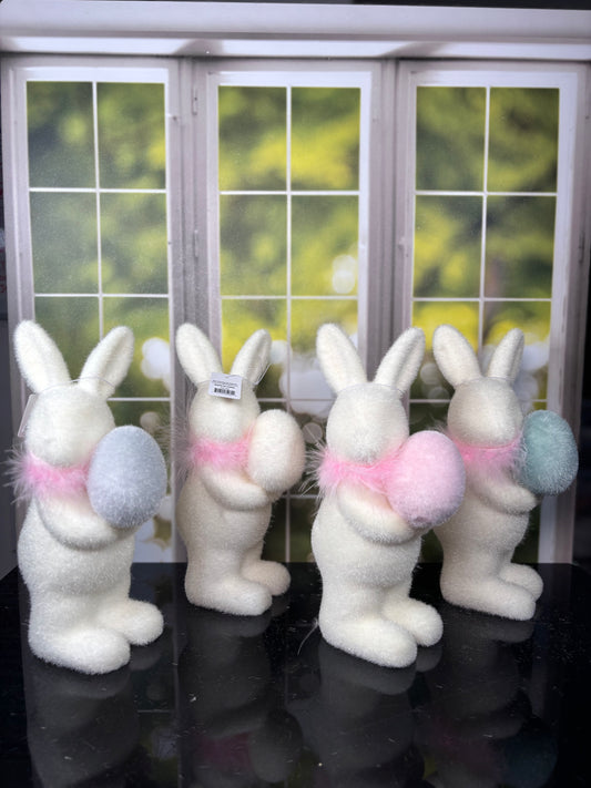 Flocked White Bunny w/Egg 4 Asst Sm Choose one - Burlap and Bling Decor