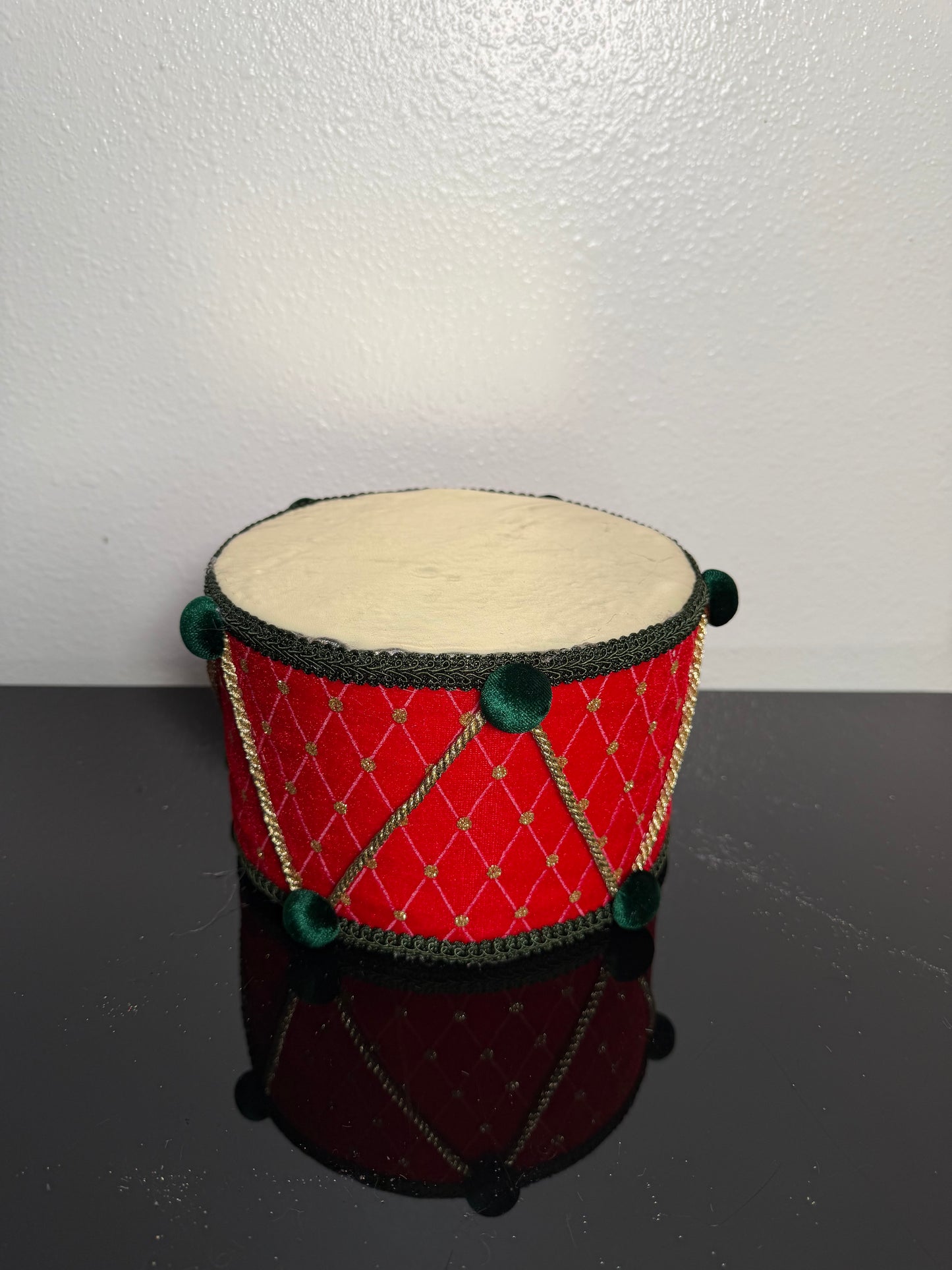 DRUM RED 7.5" X 4.75" Red and Green Pom Pom