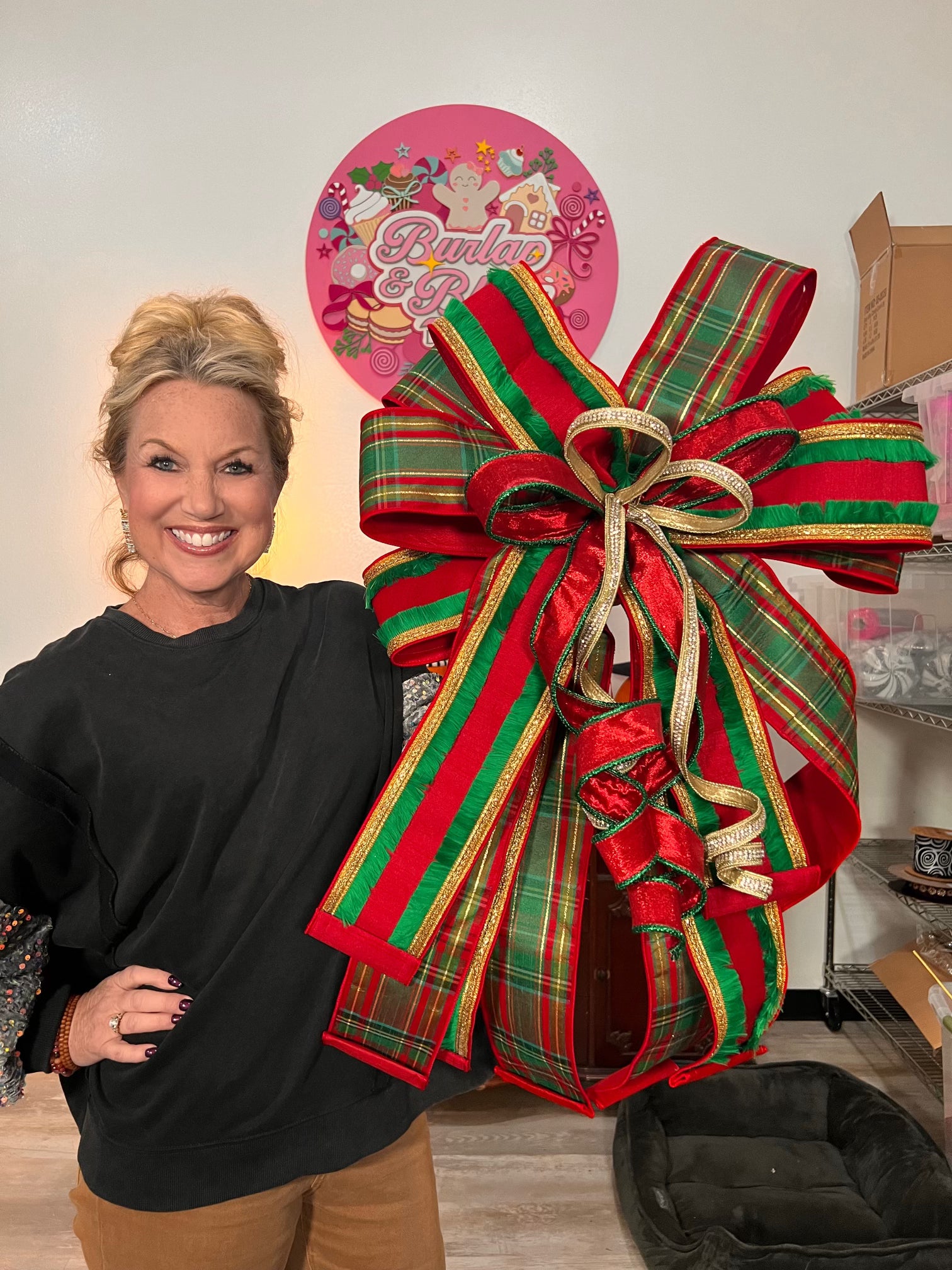 Red Green and Gold Bow - Burlap and Bling Decor