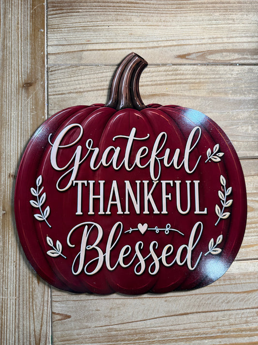 14" Grateful Thankful Blessed pumpkin Burgundy