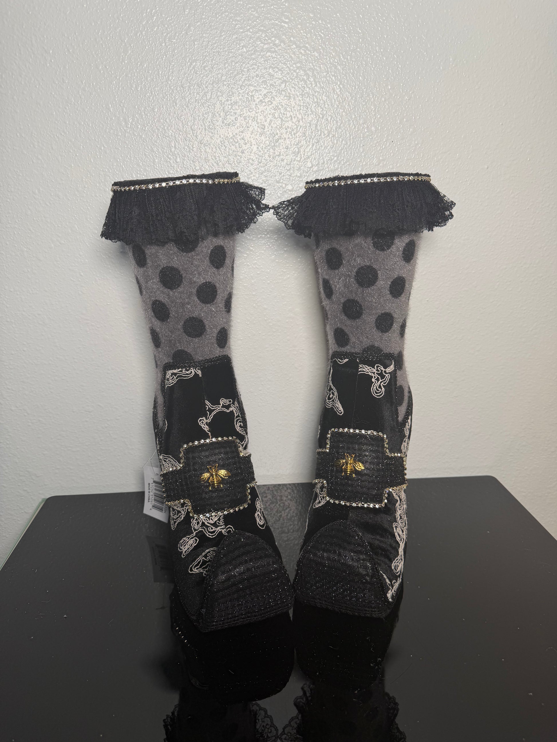 WITCHES BOOTS GREY AND BLACK POLKA DOT WHITE TRIM - Burlap and Bling Decor