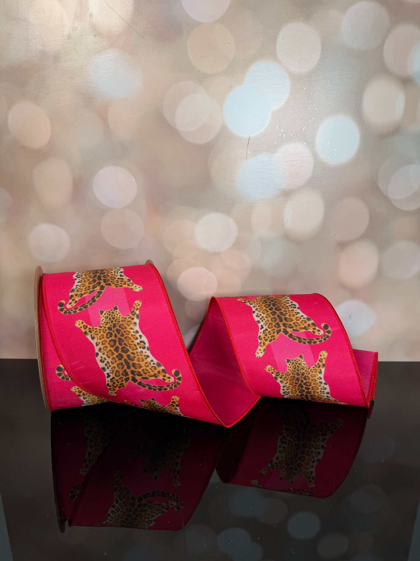 4"X10YDS DUPIONI ANIMAL HIDES ON HOT PINK W/ PINK BACKING WIRED RIBBON