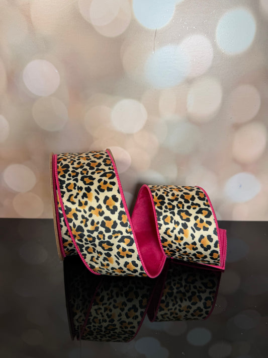 2.5"X10YDS VELVET ANIMAL PRINT W/ PINK BACKING WIRED RIBBON