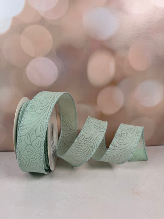 1"X10YD FLORAL/LEAVES MINT - Burlap and Bling Decor