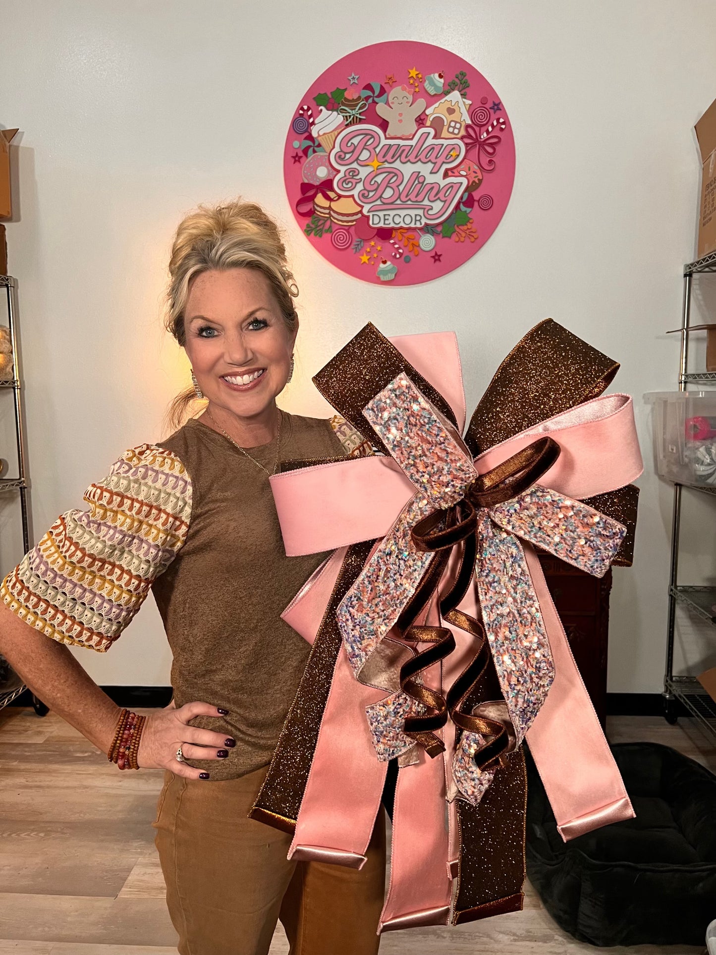 Pink and Brown Bow - Burlap and Bling Decor