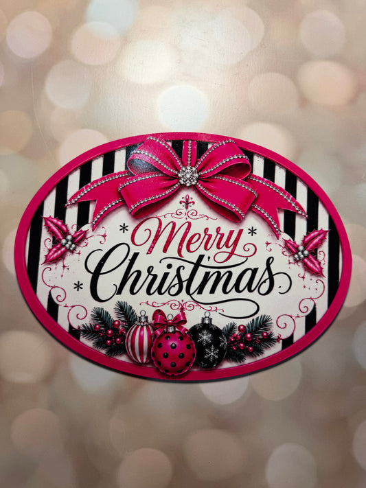 Stripped Black & Pink 12" Christmas Oval Sign