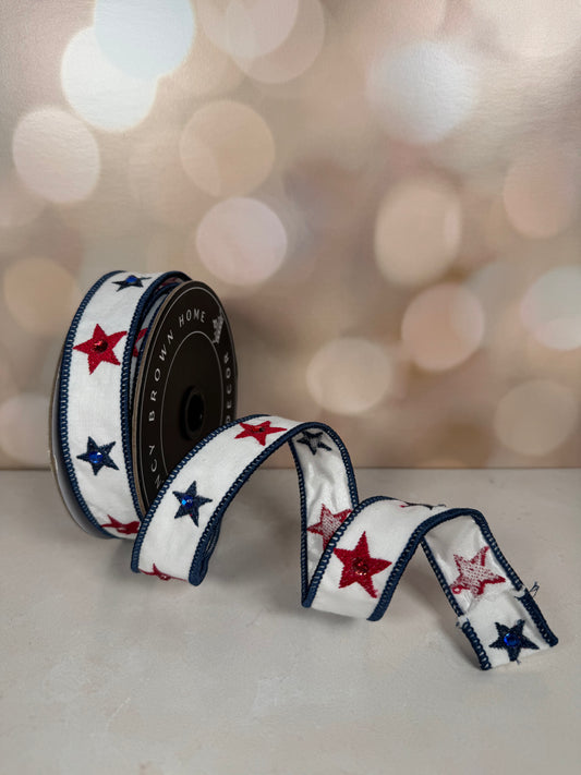 1"X10 Yards WHITE EMBROIDERY STAR RIBBON WITH GEMS